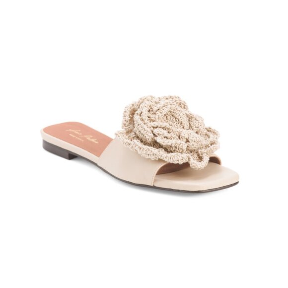 ANA PALMA Ivory Made In Spain Leather Sandals With Big Crochet Flower